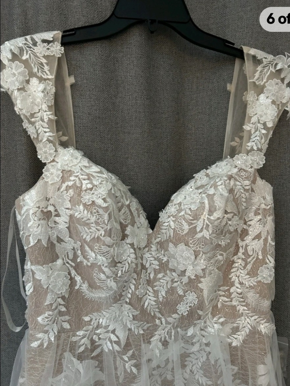 Azazie Moonstone Off-Shoulder Lace A-Line Gown in Ivory and Nude Size 8 Nwt - Picture 5 of 9
